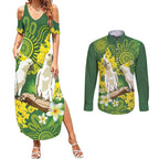 Personalised Australia Golden Wattle And Cacatua Galerita Couples Matching Summer Maxi Dress and Long Sleeve Button Shirt Aboriginal Art