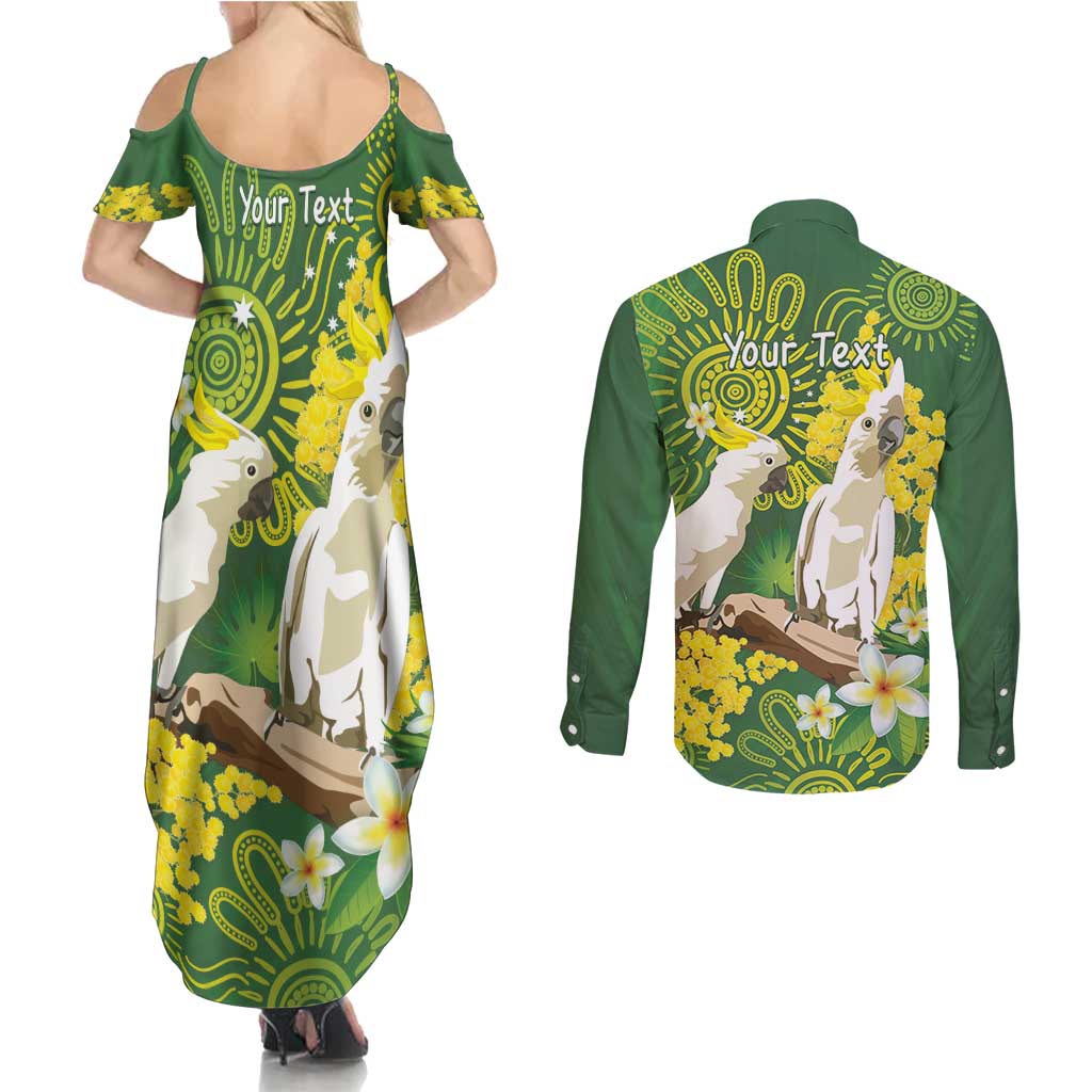 Personalised Australia Golden Wattle And Cacatua Galerita Couples Matching Summer Maxi Dress and Long Sleeve Button Shirt Aboriginal Art