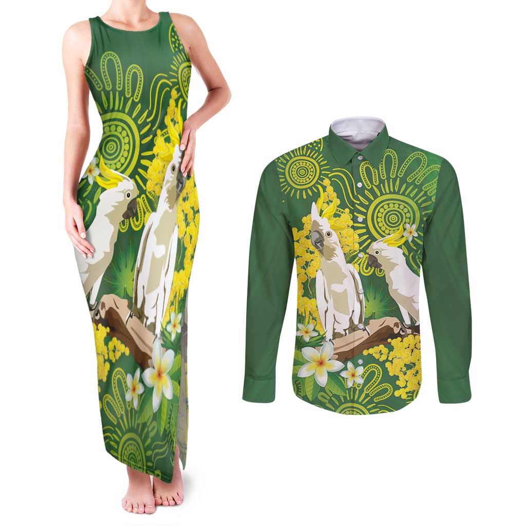 Personalised Australia Golden Wattle And Cacatua Galerita Couples Matching Tank Maxi Dress and Long Sleeve Button Shirt Aboriginal Art
