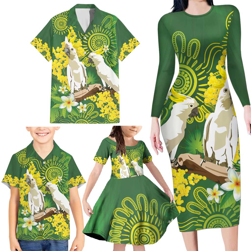 Personalised Australia Golden Wattle And Cacatua Galerita Family Matching Long Sleeve Bodycon Dress and Hawaiian Shirt Aboriginal Art