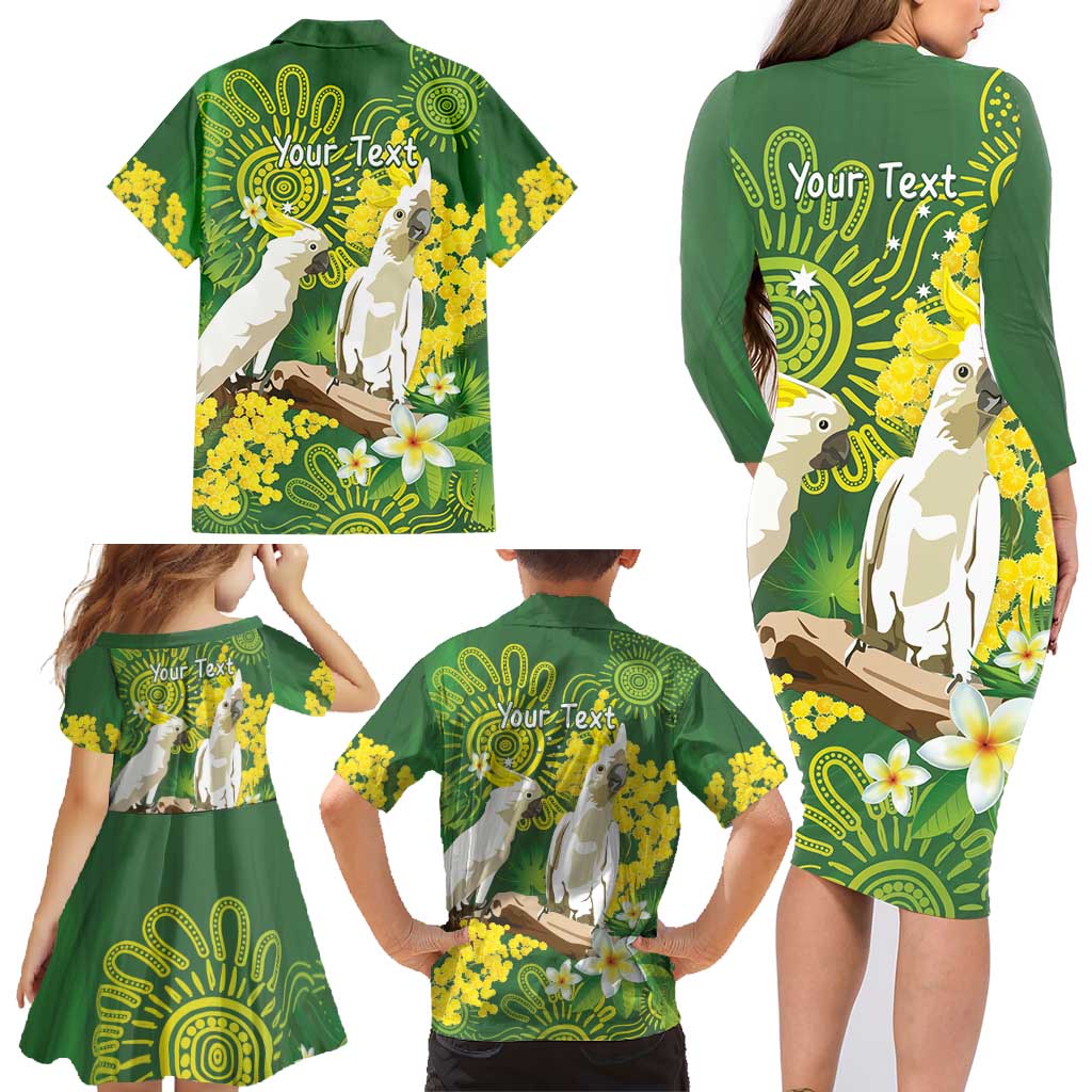 Personalised Australia Golden Wattle And Cacatua Galerita Family Matching Long Sleeve Bodycon Dress and Hawaiian Shirt Aboriginal Art