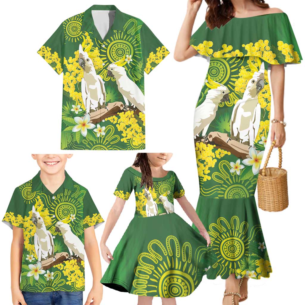 Personalised Australia Golden Wattle And Cacatua Galerita Family Matching Mermaid Dress and Hawaiian Shirt Aboriginal Art