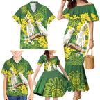 Personalised Australia Golden Wattle And Cacatua Galerita Family Matching Mermaid Dress and Hawaiian Shirt Aboriginal Art