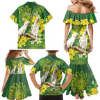 Personalised Australia Golden Wattle And Cacatua Galerita Family Matching Mermaid Dress and Hawaiian Shirt Aboriginal Art