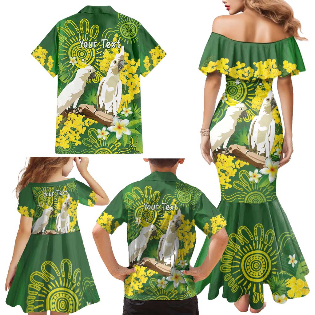 Personalised Australia Golden Wattle And Cacatua Galerita Family Matching Mermaid Dress and Hawaiian Shirt Aboriginal Art