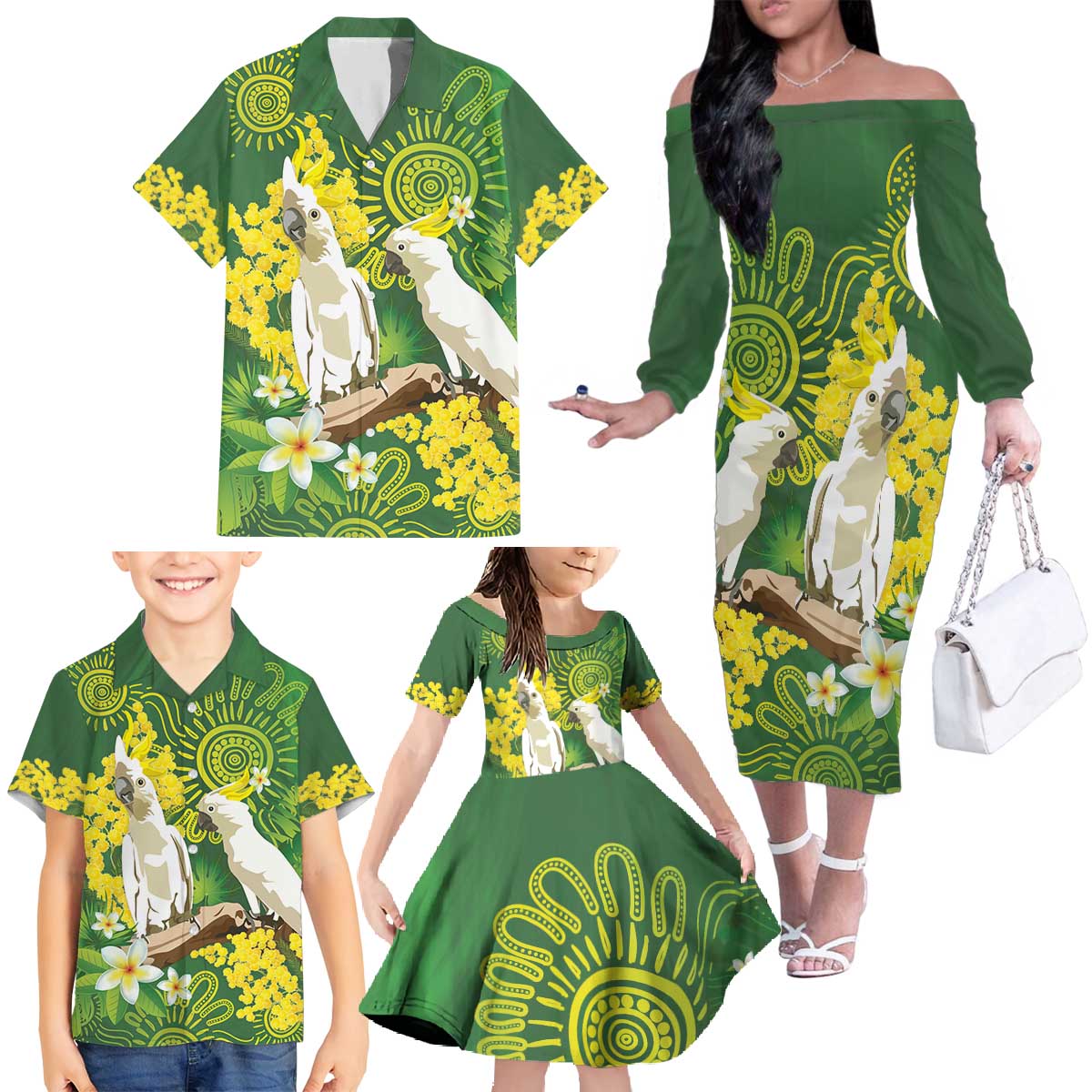 Personalised Australia Golden Wattle And Cacatua Galerita Family Matching Off The Shoulder Long Sleeve Dress and Hawaiian Shirt Aboriginal Art