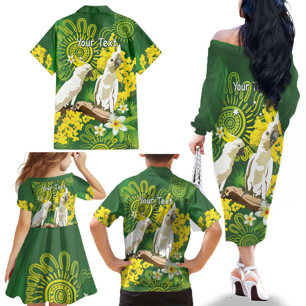 Personalised Australia Golden Wattle And Cacatua Galerita Family Matching Off The Shoulder Long Sleeve Dress and Hawaiian Shirt Aboriginal Art