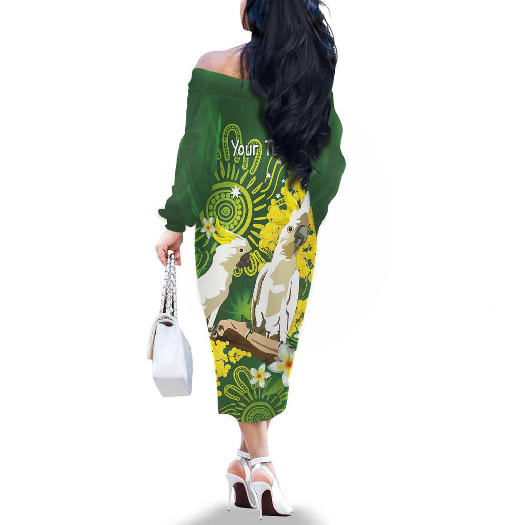 Personalised Australia Golden Wattle And Cacatua Galerita Family Matching Off The Shoulder Long Sleeve Dress and Hawaiian Shirt Aboriginal Art