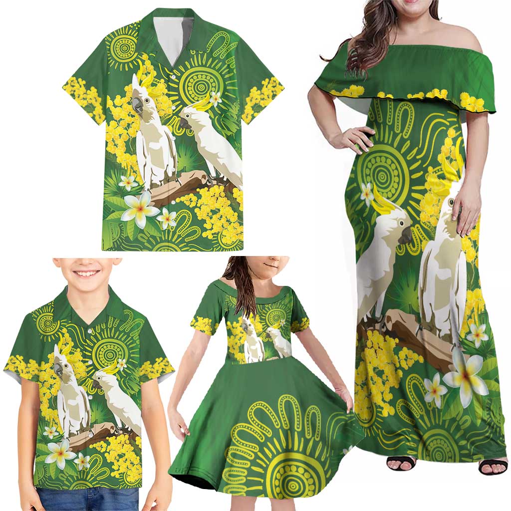 Personalised Australia Golden Wattle And Cacatua Galerita Family Matching Off Shoulder Maxi Dress and Hawaiian Shirt Aboriginal Art