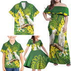 Personalised Australia Golden Wattle And Cacatua Galerita Family Matching Off Shoulder Maxi Dress and Hawaiian Shirt Aboriginal Art