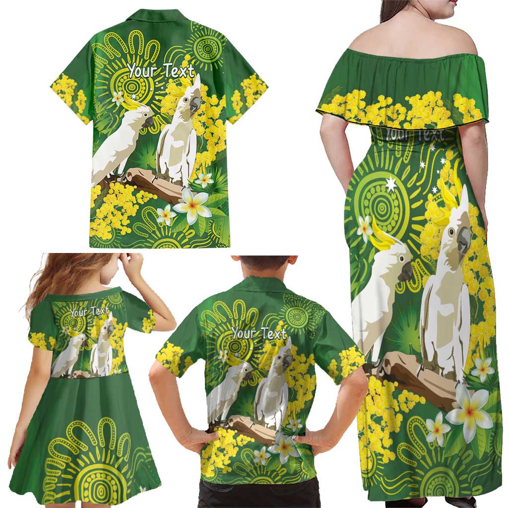 Personalised Australia Golden Wattle And Cacatua Galerita Family Matching Off Shoulder Maxi Dress and Hawaiian Shirt Aboriginal Art