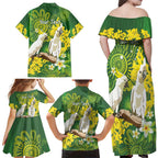 Personalised Australia Golden Wattle And Cacatua Galerita Family Matching Off Shoulder Maxi Dress and Hawaiian Shirt Aboriginal Art