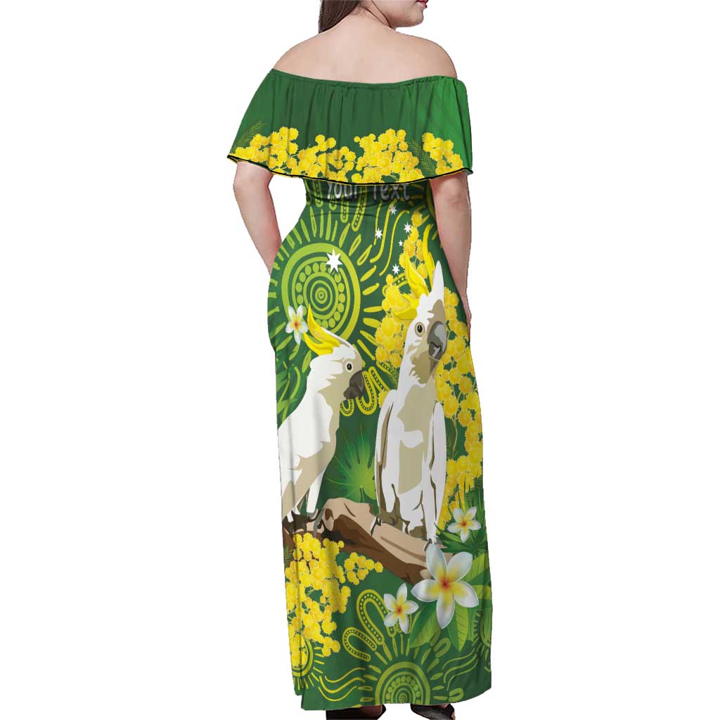 Personalised Australia Golden Wattle And Cacatua Galerita Family Matching Off Shoulder Maxi Dress and Hawaiian Shirt Aboriginal Art