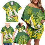 Personalised Australia Golden Wattle And Cacatua Galerita Family Matching Off Shoulder Short Dress and Hawaiian Shirt Aboriginal Art