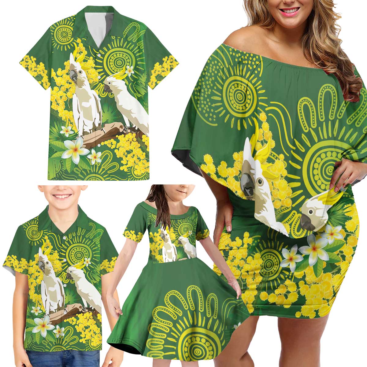 Personalised Australia Golden Wattle And Cacatua Galerita Family Matching Off Shoulder Short Dress and Hawaiian Shirt Aboriginal Art