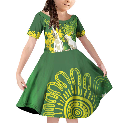 Personalised Australia Golden Wattle And Cacatua Galerita Family Matching Off Shoulder Short Dress and Hawaiian Shirt Aboriginal Art