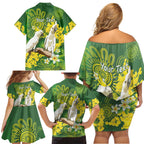 Personalised Australia Golden Wattle And Cacatua Galerita Family Matching Off Shoulder Short Dress and Hawaiian Shirt Aboriginal Art