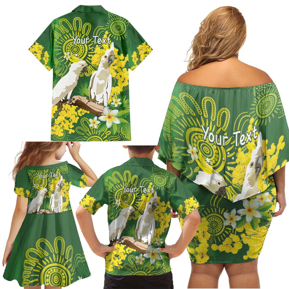 Personalised Australia Golden Wattle And Cacatua Galerita Family Matching Off Shoulder Short Dress and Hawaiian Shirt Aboriginal Art
