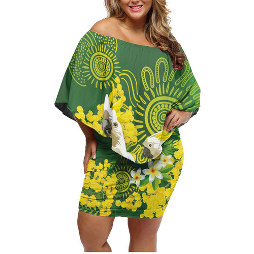 Personalised Australia Golden Wattle And Cacatua Galerita Family Matching Off Shoulder Short Dress and Hawaiian Shirt Aboriginal Art
