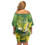 Personalised Australia Golden Wattle And Cacatua Galerita Family Matching Off Shoulder Short Dress and Hawaiian Shirt Aboriginal Art