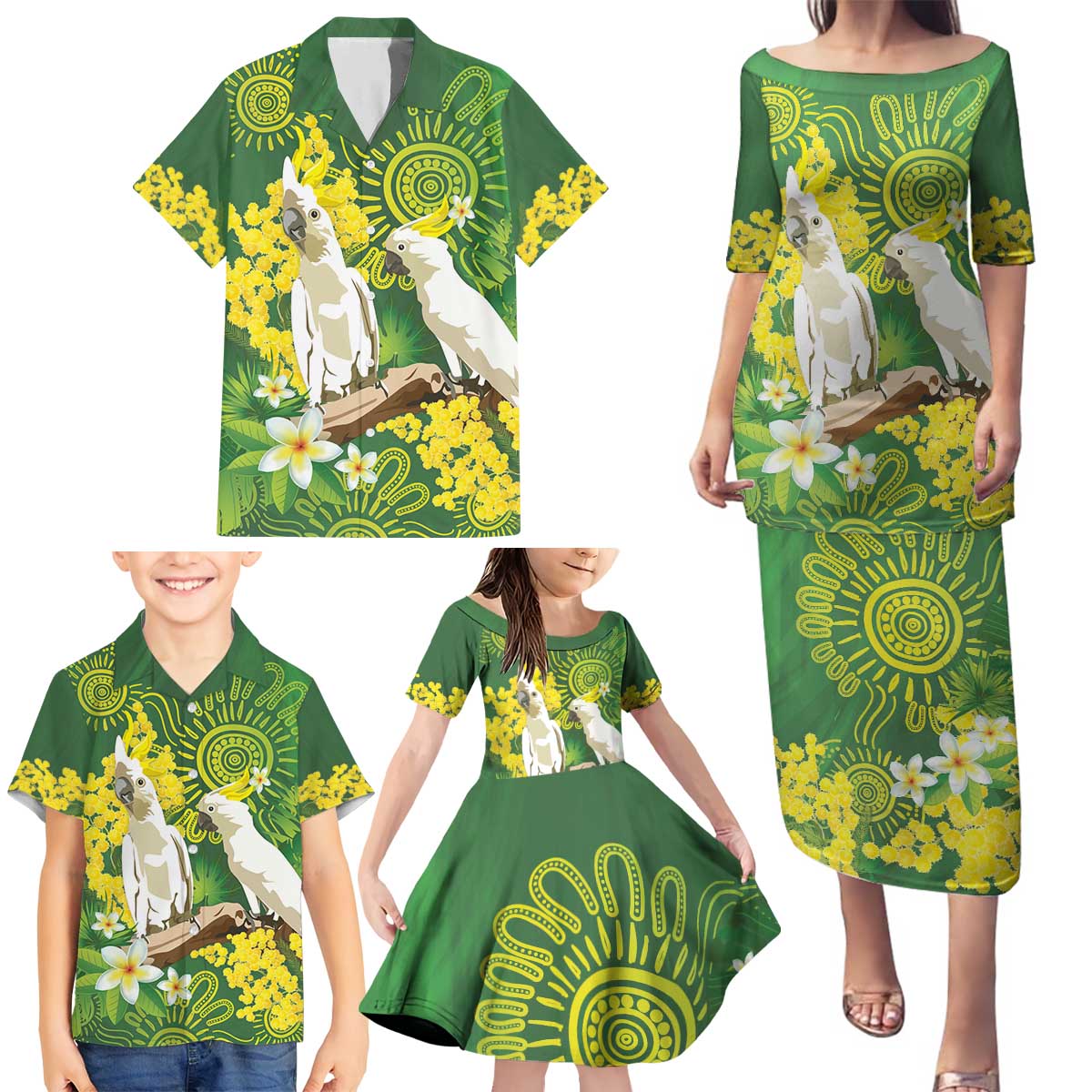 Personalised Australia Golden Wattle And Cacatua Galerita Family Matching Puletasi and Hawaiian Shirt Aboriginal Art