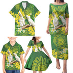 Personalised Australia Golden Wattle And Cacatua Galerita Family Matching Puletasi and Hawaiian Shirt Aboriginal Art