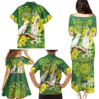 Personalised Australia Golden Wattle And Cacatua Galerita Family Matching Puletasi and Hawaiian Shirt Aboriginal Art