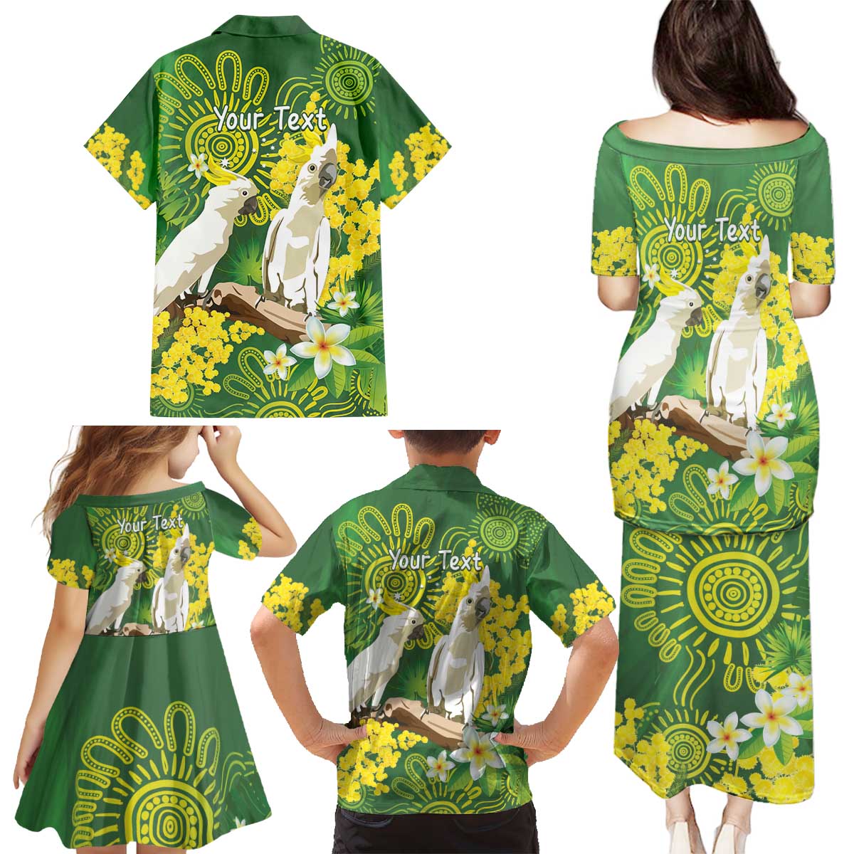 Personalised Australia Golden Wattle And Cacatua Galerita Family Matching Puletasi and Hawaiian Shirt Aboriginal Art