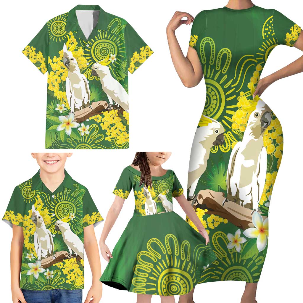 Personalised Australia Golden Wattle And Cacatua Galerita Family Matching Short Sleeve Bodycon Dress and Hawaiian Shirt Aboriginal Art