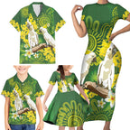 Personalised Australia Golden Wattle And Cacatua Galerita Family Matching Short Sleeve Bodycon Dress and Hawaiian Shirt Aboriginal Art
