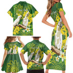 Personalised Australia Golden Wattle And Cacatua Galerita Family Matching Short Sleeve Bodycon Dress and Hawaiian Shirt Aboriginal Art