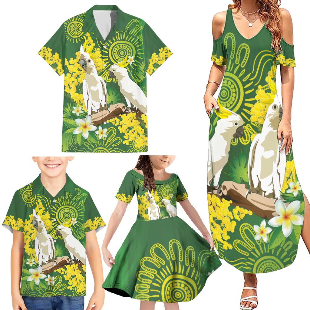 Personalised Australia Golden Wattle And Cacatua Galerita Family Matching Summer Maxi Dress and Hawaiian Shirt Aboriginal Art