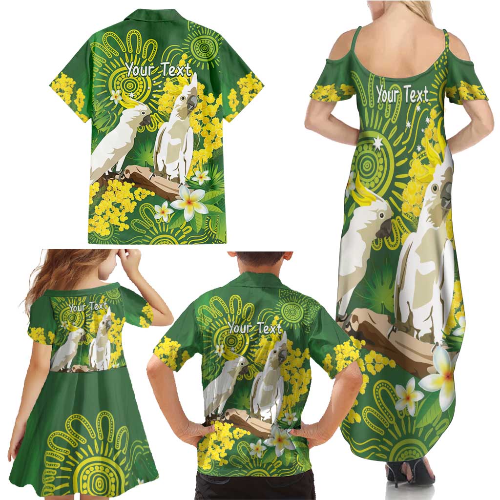 Personalised Australia Golden Wattle And Cacatua Galerita Family Matching Summer Maxi Dress and Hawaiian Shirt Aboriginal Art