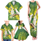 Personalised Australia Golden Wattle And Cacatua Galerita Family Matching Tank Maxi Dress and Hawaiian Shirt Aboriginal Art