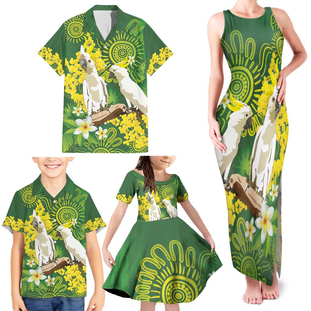 Personalised Australia Golden Wattle And Cacatua Galerita Family Matching Tank Maxi Dress and Hawaiian Shirt Aboriginal Art