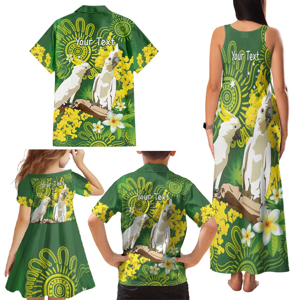 Personalised Australia Golden Wattle And Cacatua Galerita Family Matching Tank Maxi Dress and Hawaiian Shirt Aboriginal Art