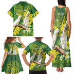 Personalised Australia Golden Wattle And Cacatua Galerita Family Matching Tank Maxi Dress and Hawaiian Shirt Aboriginal Art