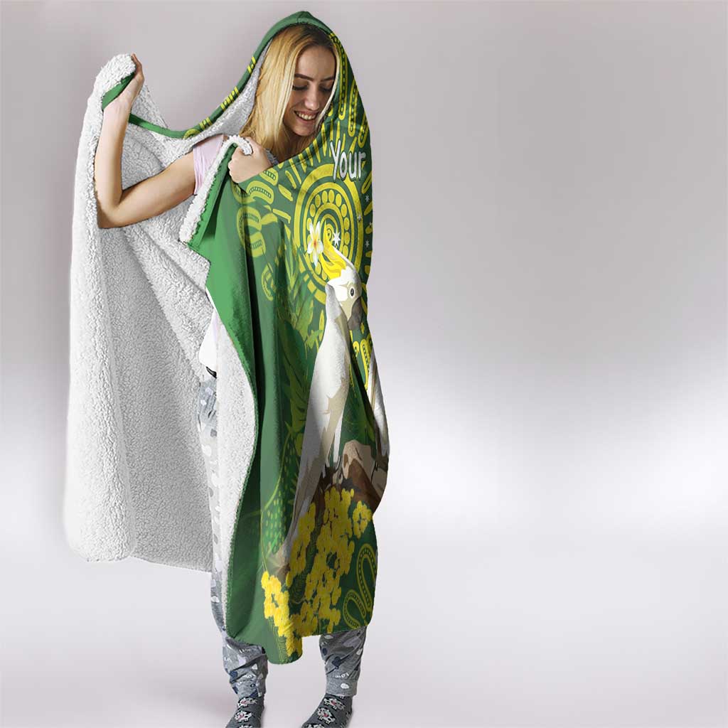 Personalised Australia Golden Wattle And Cacatua Galerita Hooded Blanket Aboriginal Art