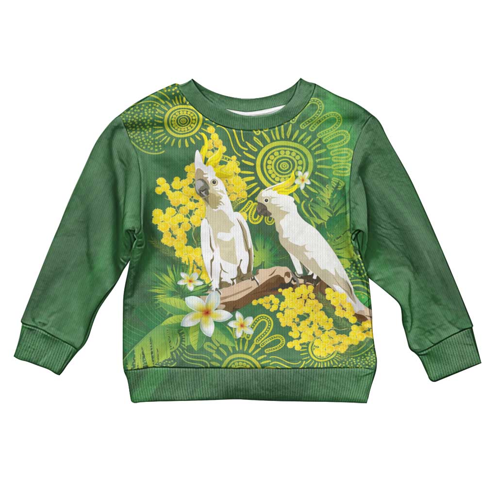 Personalised Australia Golden Wattle And Cacatua Galerita Kid Ugly Christmas Sweater Aboriginal Art - Aussie Hoodie