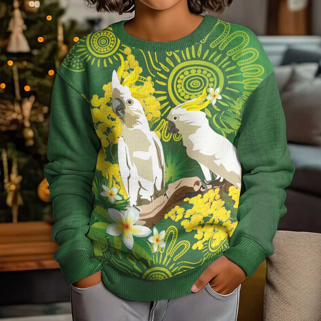 Personalised Australia Golden Wattle And Cacatua Galerita Kid Ugly Christmas Sweater Aboriginal Art - Aussie Hoodie