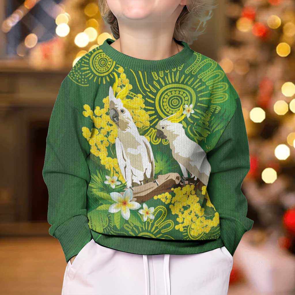 Personalised Australia Golden Wattle And Cacatua Galerita Kid Ugly Christmas Sweater Aboriginal Art - Aussie Hoodie