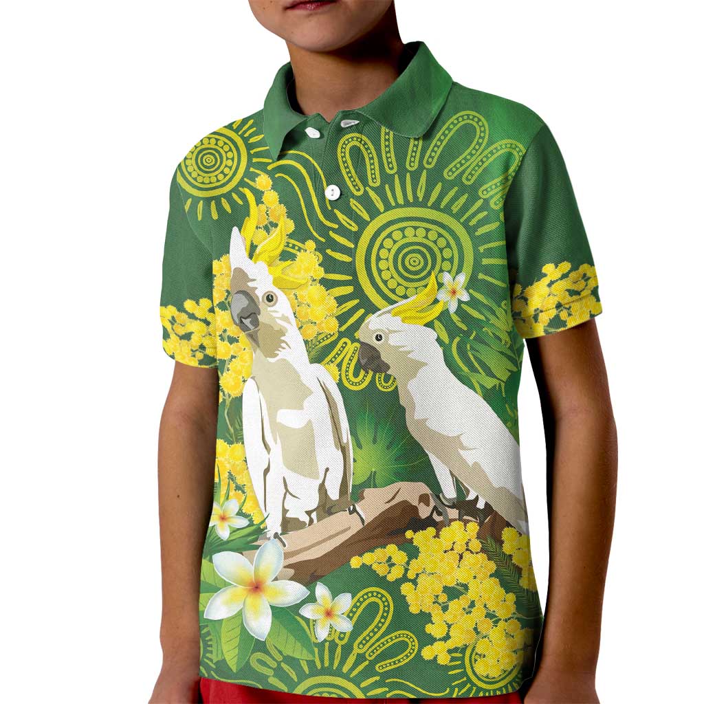 Personalised Australia Golden Wattle And Cacatua Galerita Kid Polo Shirt Aboriginal Art