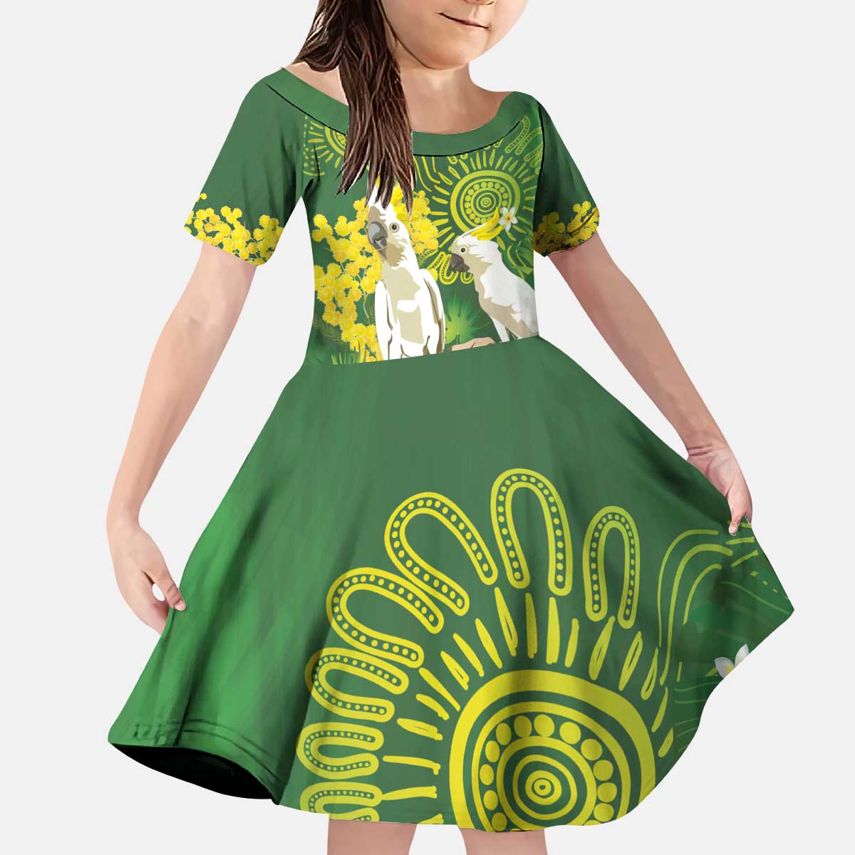 Personalised Australia Golden Wattle And Cacatua Galerita Kid Short Sleeve Dress Aboriginal Art