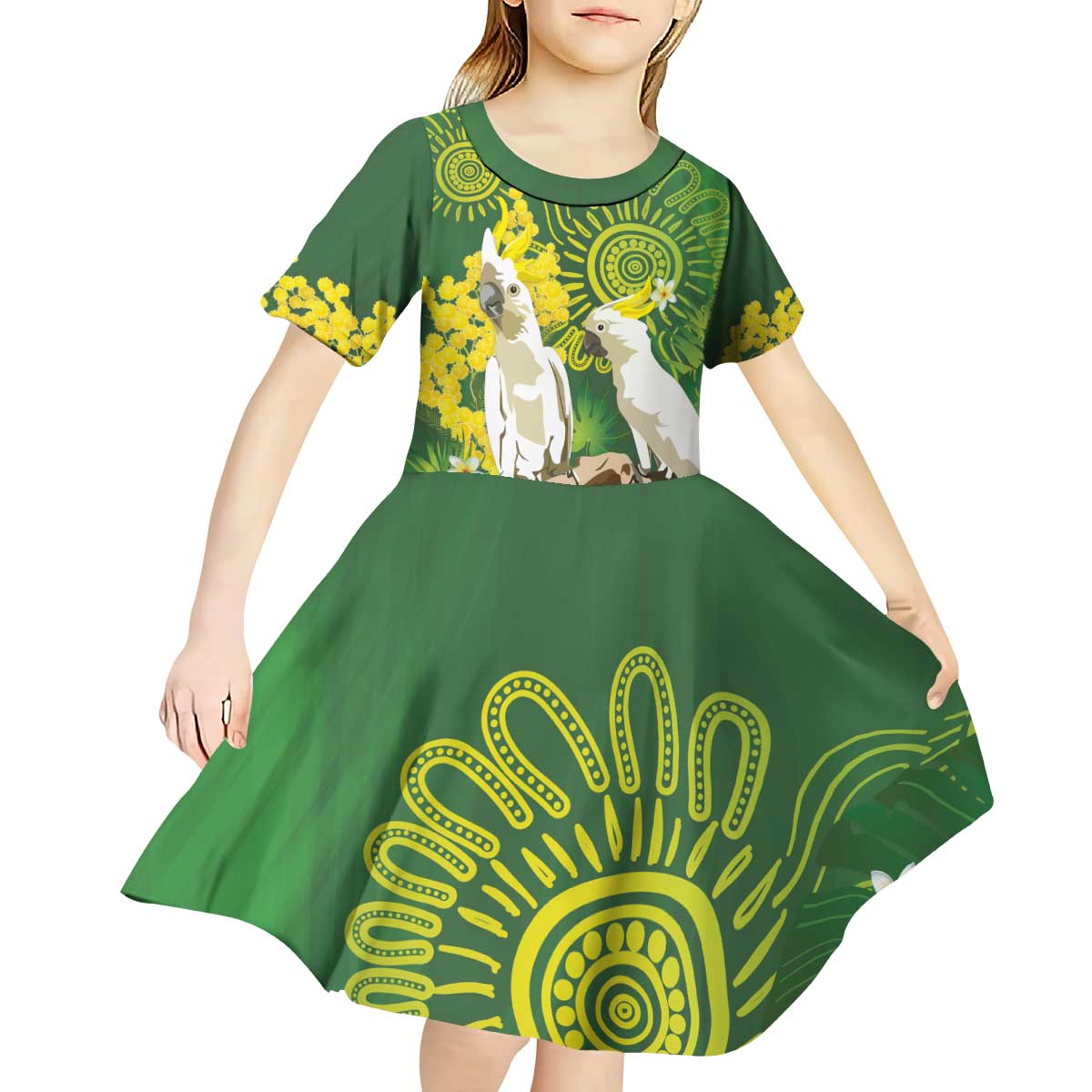 Personalised Australia Golden Wattle And Cacatua Galerita Kid Short Sleeve Dress Aboriginal Art