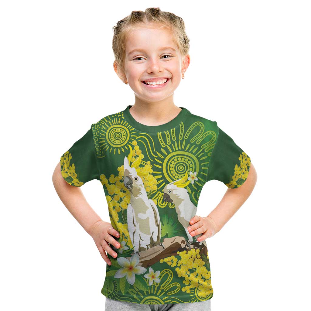 Personalised Australia Golden Wattle And Cacatua Galerita Kid T Shirt Aboriginal Art