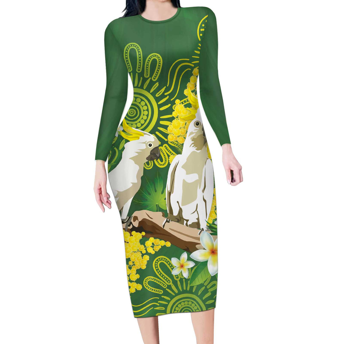 Personalised Australia Golden Wattle And Cacatua Galerita Long Sleeve Bodycon Dress Aboriginal Art