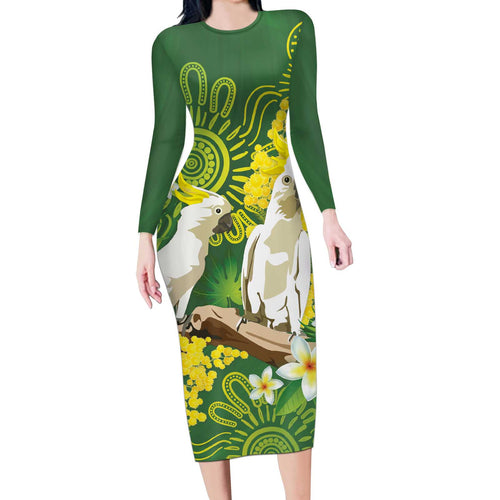 Personalised Australia Golden Wattle And Cacatua Galerita Long Sleeve Bodycon Dress Aboriginal Art