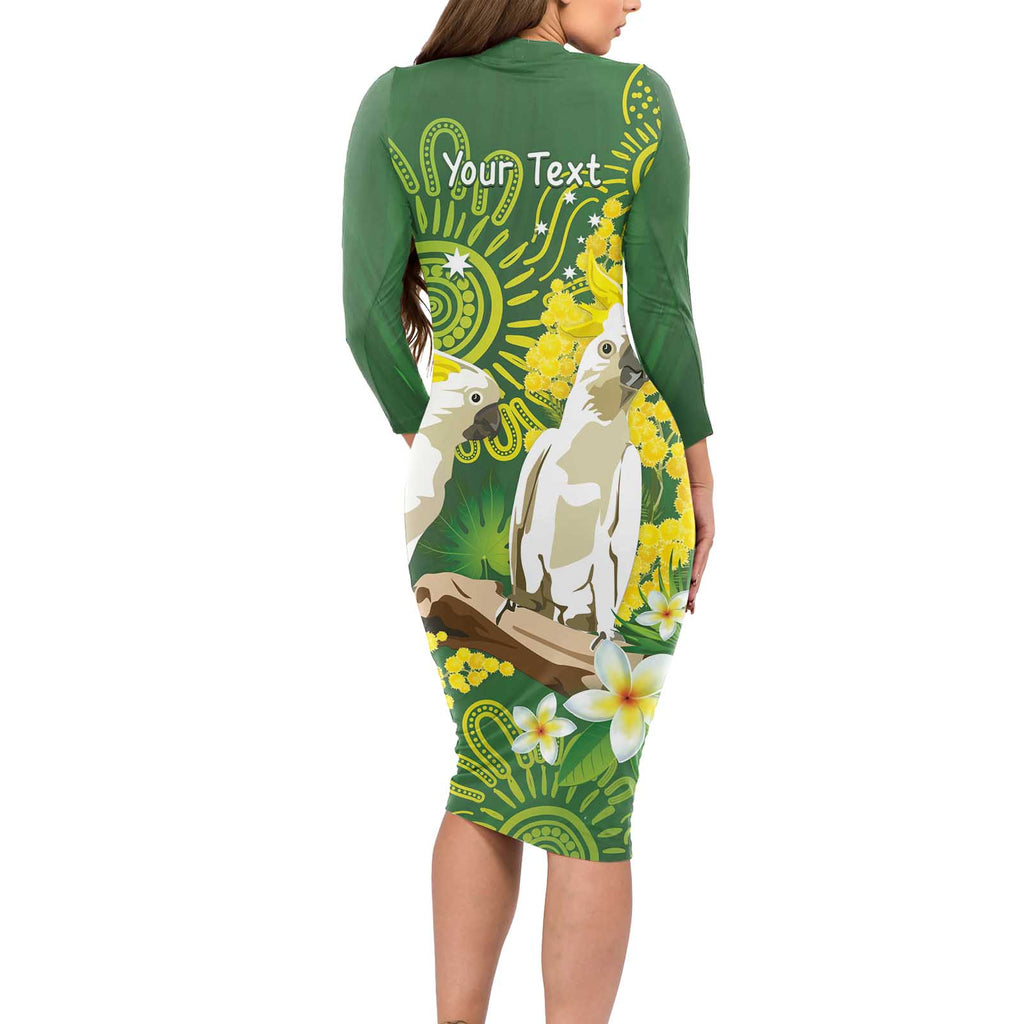 Personalised Australia Golden Wattle And Cacatua Galerita Long Sleeve Bodycon Dress Aboriginal Art