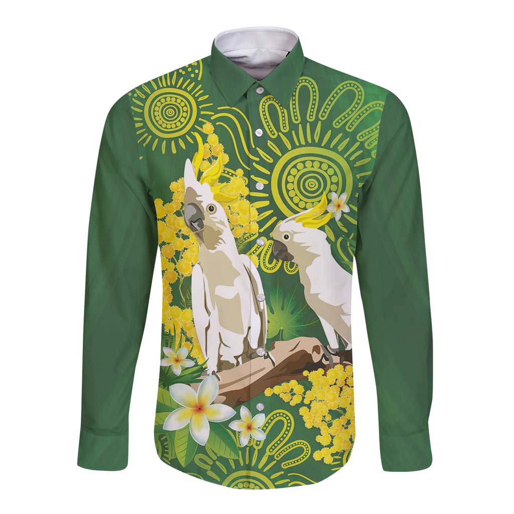 Personalised Australia Golden Wattle And Cacatua Galerita Long Sleeve Button Shirt Aboriginal Art