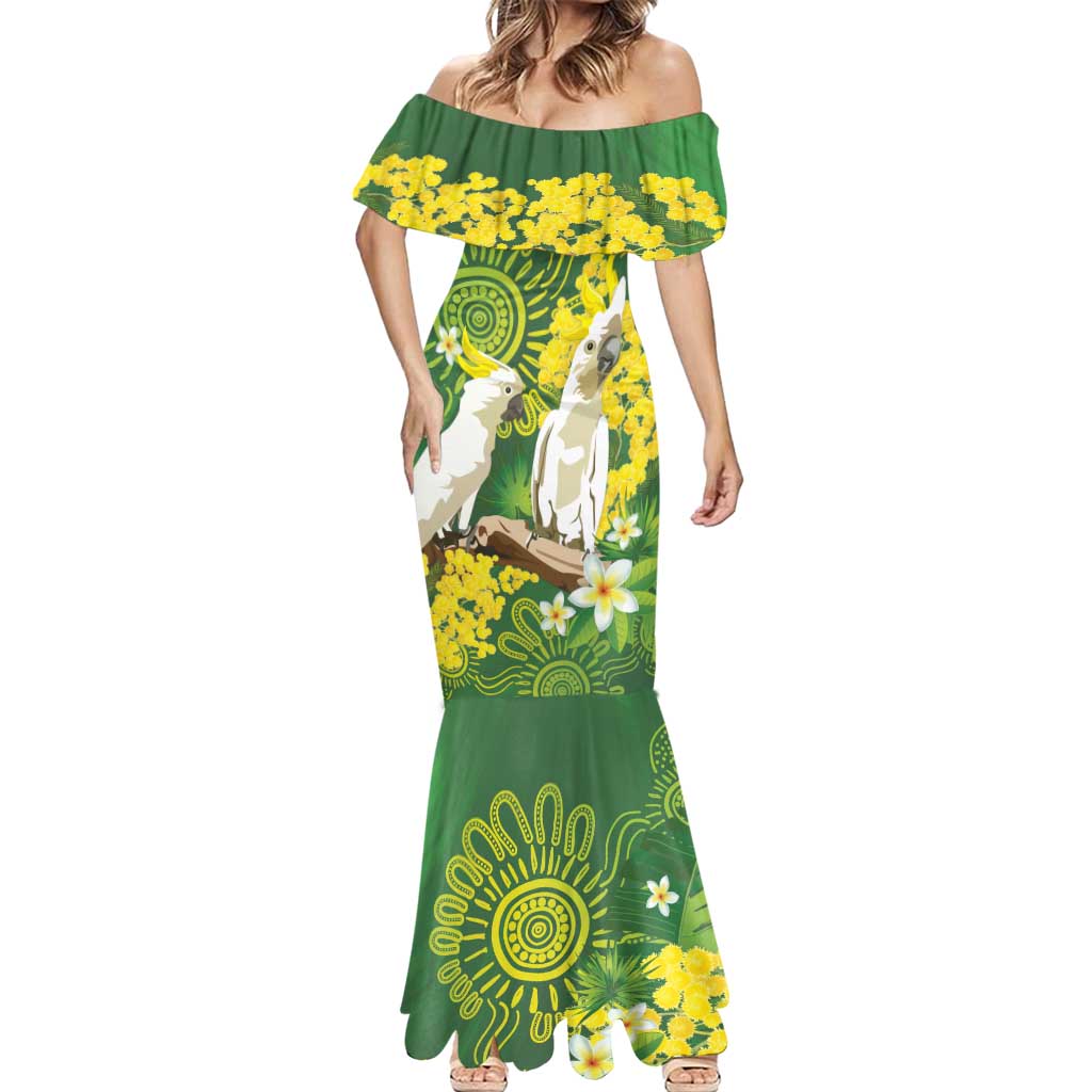 Personalised Australia Golden Wattle And Cacatua Galerita Mermaid Dress Aboriginal Art